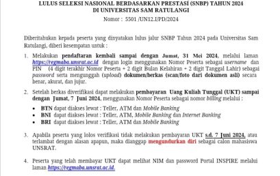 Pemberitahuan Perpanjangan Pendaftaran Kembali dan Pembayaran Uang Kuliah Tunggal (UKT) Calon Mahasiswa Baru Program Sarjana (S1) Lulus Seleksi Nasional Berdasarkan Prestasi (SNBP) Tahun 2024 di Universitas Sam Ratulangi