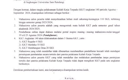 Informasi Pelaksanaan Pendaftaran Kuliah Kerja Terpadu (KKT) angkatan ke – 140