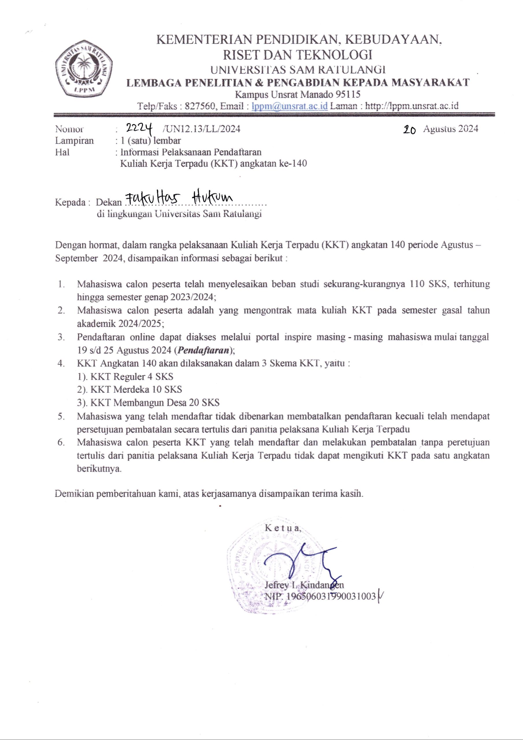 Informasi Pelaksanaan Pendaftaran Kuliah Kerja Terpadu (KKT) angkatan ke – 140