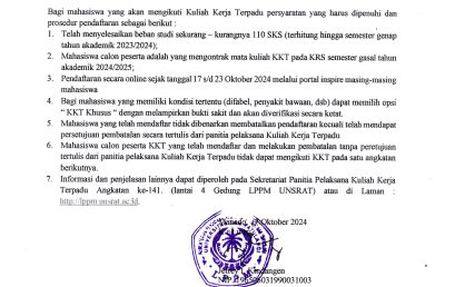 Informasi Pelaksanaan Pendaftaran Kuliah Kerja Terpadu (KKT) angkatan ke-141 UNSRAT