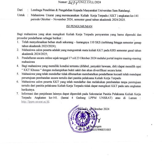Informasi Pelaksanaan Pendaftaran Kuliah Kerja Terpadu (KKT) angkatan ke-141 UNSRAT