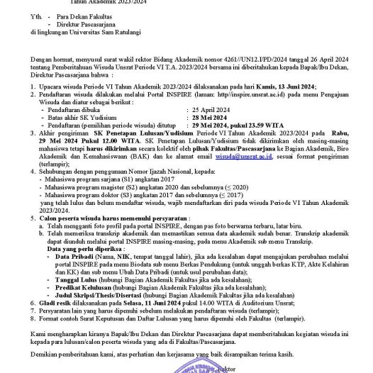 Pemberitahuan Perpanjangan Pendaftaran Wisuda Unsrat Periode VI Tahun Akademik 2023/2024
