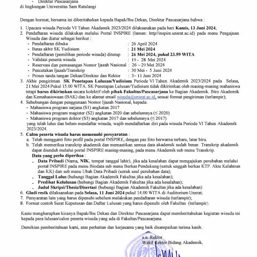 Pemberitahuan Wisuda Unsrat Periode Vl Tahun Akademik 2023/2024