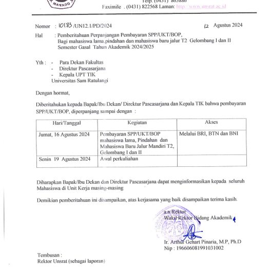 Pemberitahuan Perpanjangan Pembayaran SPP/UKT/BOP Bagi mahasiswa lama, pindahan dan mahasiswa baru jalur T2 Gelombang I dan 11 Semester Gasal Tahun Akademik 2024/2025